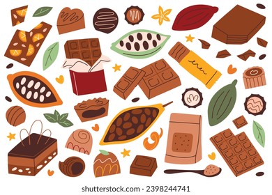 Chocolate hand drawn collection, doodle icons of cocoa beans, chocolates, bars, chocolate candy, vector illustrations of sweet gifts for Christmas, Valentines Day, delicious cacao desserts set