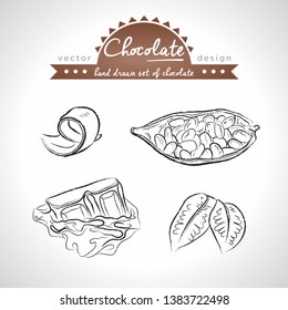 chocolate. Hand drawn collection of vector sketch detailed cacao products. Isolated