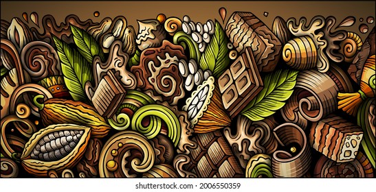 Chocolate hand drawn doodle banner. Cartoon vector detailed flyer. Illustration with cocoa objects and symbols. Colorful horizontal background