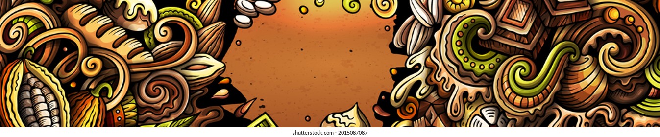 Chocolate hand drawn doodle banner. Cartoon vector detailed flyer. Illustration with cocoa objects and symbols. Colorful horizontal background