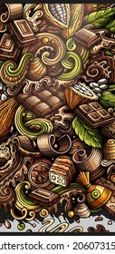 Chocolate hand drawn doodle banner. Cartoon vector detailed flyer. Illustration with cocoa objects and symbols. Colorful background