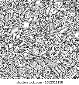 Chocolate hand drawn doodles seamless pattern. Sweet food line art background. Cocoa vector cartoon illustration.