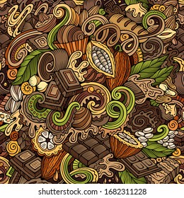 Chocolate hand drawn doodles seamless pattern. Sweet food color background. Cocoa vector cartoon illustration.