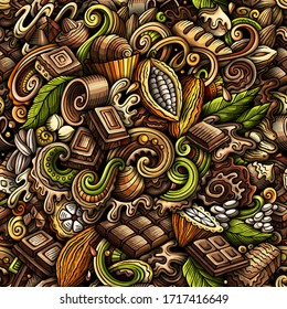 Chocolate hand drawn doodles seamless pattern. Sweet food color background. Cocoa vector cartoon illustration.
