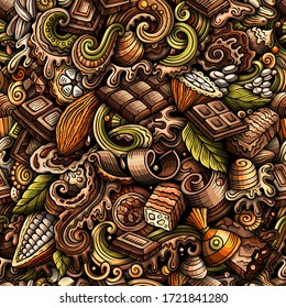 Chocolate hand drawn doodles seamless pattern. Sweet food color background. Cocoa vector cartoon illustration.