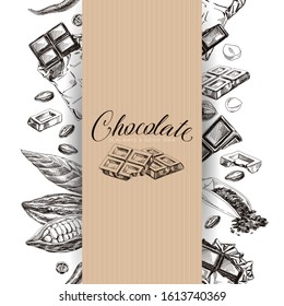 Chocolate hand drawn retro vector wrapping design. Chocolate bars, cocoa pods, beans and nuts in engraved style. Confectionery product vintage design element. Isolated freehand sketch