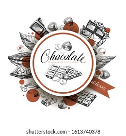 Chocolate hand drawn retro vector label. Circular frame with chocolate, cocoa pod and nuts. Border with vintage illustrations and text. Confectionery product sticker design. Isolated freehand sketch