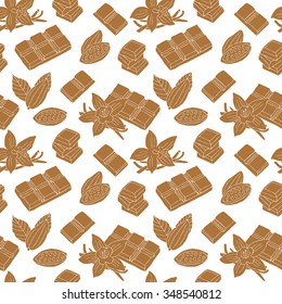 Chocolate hand drawn seamless . Surface decoration with chocolate, vanilla flower, cacao bean. Vector background.