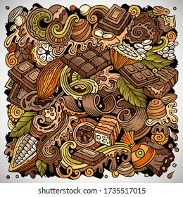Ilustración de doodles vectoriales dibujados a mano con chocolate. Diseño de afiches de Choco. Fondo de dibujos animados de elementos dulces y objetos. Colores brillantes imagen divertida