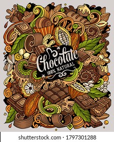 Ilustración de doodles vectoriales dibujados a mano con chocolate. Diseño de afiches de Choco. Fondo de dibujos animados de elementos dulces y objetos. Colores brillantes imagen divertida