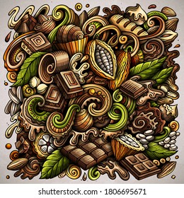 Chocolate hand drawn vector doodles illustration. Choco poster design. Sweet elements and objects cartoon background. Bright colors funny picture