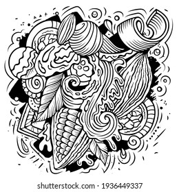 Chocolate hand drawn vector doodles illustration. Choco poster design. Sweet elements and objects cartoon background. Line art funny picture