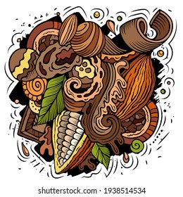 Ilustración de doodles vectoriales dibujados a mano con chocolate. Diseño de afiches de Choco. Fondo de dibujos animados de elementos dulces y objetos. Colores brillantes imagen divertida