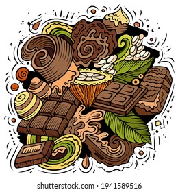 Schokolade, handgezeichnet, Vektordoodles Illustration. Choco-Plakatdesign. Sweet elements and objects cartoon background. Helle Farben - lustiges Bild
