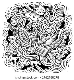 Chocolate hand drawn vector doodles illustration. Choco poster design. Sweet elements and objects cartoon background. Line art funny picture
