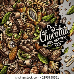 Marco de doodles vectoriales dibujados a mano con chocolate. Diseño de la frontera de Choco. Fondo de dibujos animados de elementos dulces y objetos. Colores brillantes imagen divertida