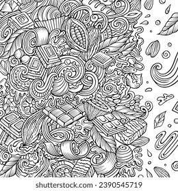 Schokolade handgezeichnet Vektordoodles Rahmen. Choco Grenzdesign. Sweet elements and objects cartoon background. Sketchy-lustiges Bild