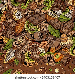 Chocolate hand drawn vector doodles frame. Choco border design. Sweet elements and objects cartoon background. Bright colors funny picture
