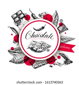 Chocolate hand drawn vector label. Circular border with chocolate bars, cocoa pods and spicy peppers. Frame with vintage illustrations and text. Cacao products sticker design. Isolated retro sketch