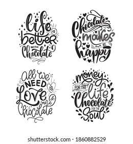 Chocolate hand lettering quote set. Warm Christmas winter text compositions. Vector design elements for t-shirts, bag, poster, card, stickers and menu