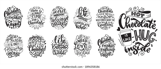 Chocolate hand lettering quotes set. Warm winter word composition. Vector design elements for t-shirts, bags, posters, cards, stickers and menu