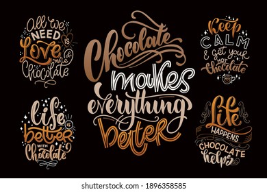 Chocolate hand lettering quotes set. Warm Christmas winter word composition. Vector design elements for t-shirts, posters, cards, stickers and menu