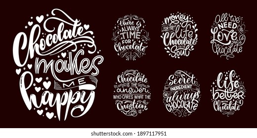 Chocolate hand lettering quotes set. Warm winter word composition. Vector design elements for t-shirts, bags, posters, cards, stickers and menu