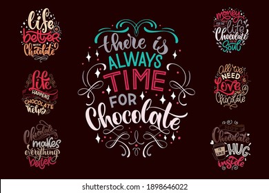 Chocolate hand lettering quotes set. Warm Christmas winter word composition. Vector design elements for t-shirts, posters, cards, stickers and menu