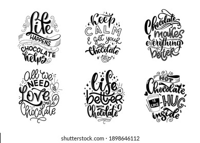 Chocolate hand lettering quotes set. Warm winter word composition. Vector design elements for t-shirts, bags, posters, cards, stickers and menu