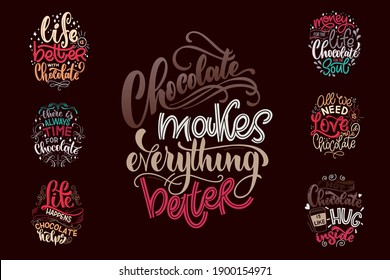 Chocolate hand lettering quotes set. Warm Christmas winter word composition. Vector design elements for t-shirts, posters, cards, stickers and menu