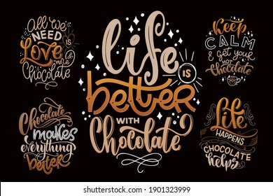 Chocolate hand lettering quotes set. Warm Christmas winter word composition. Vector design elements for t-shirts, posters, cards, stickers and menu