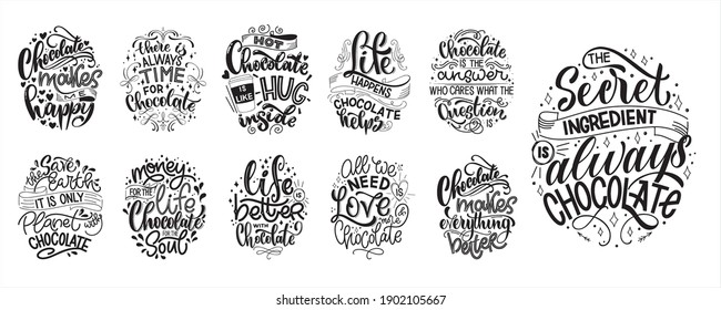 Chocolate hand lettering quotes set. Warm winter word composition. Vector design elements for t-shirts, bags, posters, cards, stickers and menu