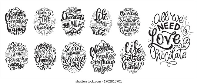 Chocolate hand lettering quotes set. Warm winter word composition. Vector design elements for t-shirts, bags, posters, cards, stickers and menu