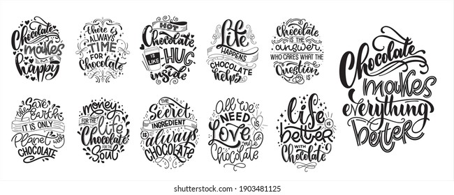 Chocolate hand lettering quotes set. Warm winter word composition. Vector design elements for t-shirts, bags, posters, cards, stickers and menu