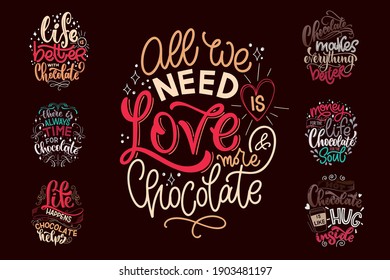 Chocolate hand lettering quotes set. Warm Christmas winter word composition. Vector design elements for t-shirts, posters, cards, stickers and menu