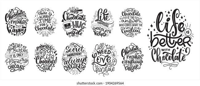 Chocolate Hand Lettering Quotes Set. Warm Winter Word Composition. Vector Design Elements For T-shirts, Bags, Posters, Cards, Stickers And Menu