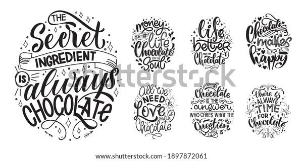 Chocolate hand lettering quotes set. Warm winter\
word composition. Vector design elements for t-shirts, bags,\
posters, cards, stickers and\
menu