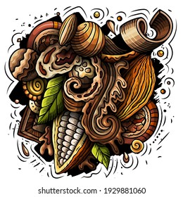 Chocolate hand-drawn vector doodles illustration. Choco poster design. Sweet elements and objects cartoon background. Bright colors funny picture