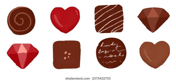 Chocolate handwritten illustration set seen from above: heart-shaped, square, circle, decoration