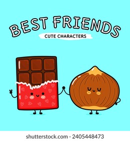 Chocolate and hazelnut character. Vector hand drawn cartoon kawaii characters, illustration icon. Funny cartoon happy chocolate and hazelnut friends