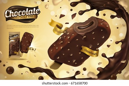 Chocolate hazelnut ice cream bar ads, tasty chocolate sauce splashes and nuts flying in the air, 3d illustration for summer