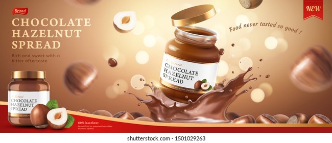 Chocolate hazelnut spread ads with splashing sauce on glitter background in 3d illustration