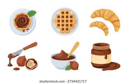 Chocolate hazelnut spread icons, waffle grid, croissant pastry, roasted hazelnuts, mixing bowl, spoon, creamy swirl dollop, breakfast treat vector