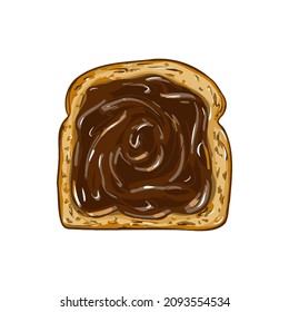 Chocolate hazelnut spread toast vector illustration isolated on the white background. German hazelnut paste.Tasty sweet morning meal. Breakfast. Cartoon style. Bright stylish close up illustration.