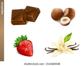 Chocolate, Hazelnuts, Vanilla and Strawberry. Vegetarian, organic food. Vector Illustration. Vector Illustration.