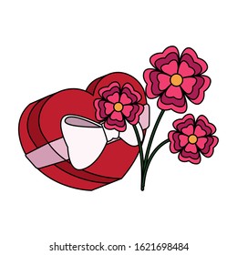 chocolate heart box and beautiful flowers over white background, vector illustration