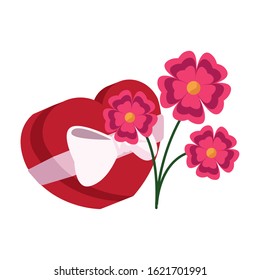 chocolate heart box and beautiful flowers over white background, vector illustration
