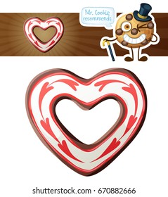 Chocolate heart cookie illustration. Cartoon vector icon isolated on white background