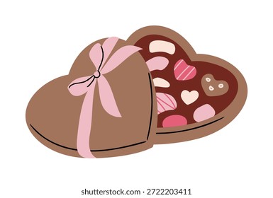 Schokolade Herz Geschenkbox Vektorgrafik mit Schleife und sortierten Bonbons. Handgezeichnetes romantisches Design für Verpackungen, Grußkarten und Aufkleber.