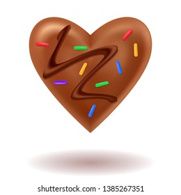 Chocolate heart. Glossy brown milk chocolate bonbon with bright colorful decorations. 